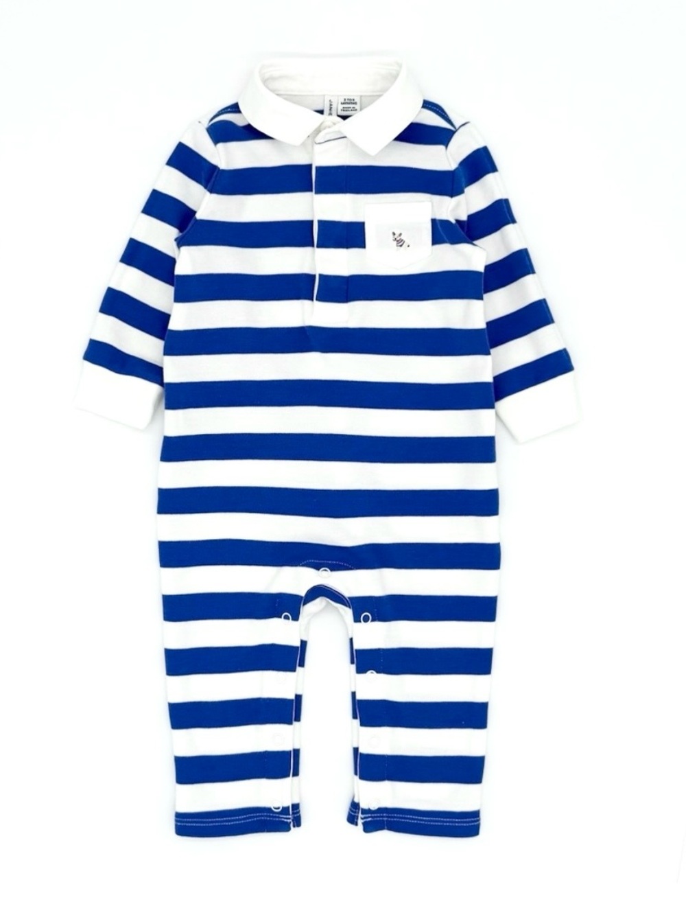 EUC Janie and Jack French Bulldog Striped Long Sleeve Polo Romper in Blue 3-6M